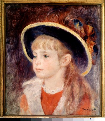 Jong meisje met een blauwe hoed: portret van Jeanne (Jane) Henriot (1878-1900), levend verbrand in de brand van de Comédie Française op 9 maart door Pierre Auguste Renoir