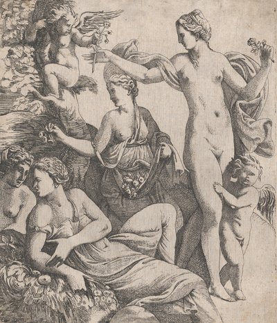Venus, staand met de drie Gratiën, krijgt een bloem aangeboden door een putto, 1607-1661 door Pierre Biard