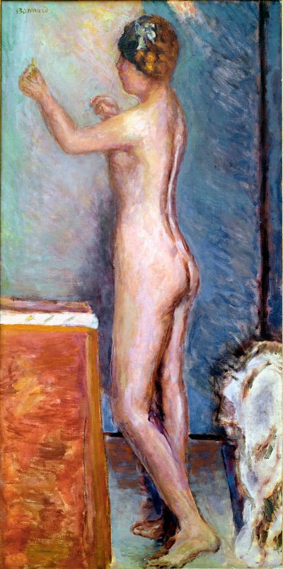 Naakt op blauwe achtergrond door Pierre Bonnard