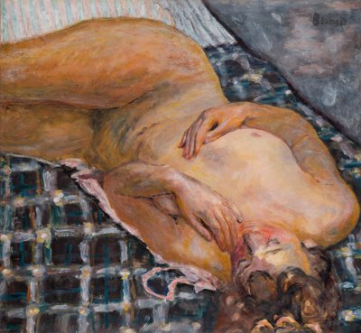 Liggend naakt tegen een wit en blauw plaid, c.1909 (olieverf op doek) door Pierre Bonnard