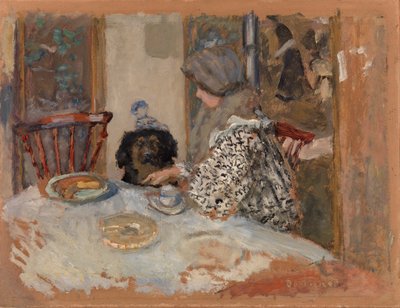 Vrouw met hond, of vrouw en hond aan tafel door Pierre Bonnard
