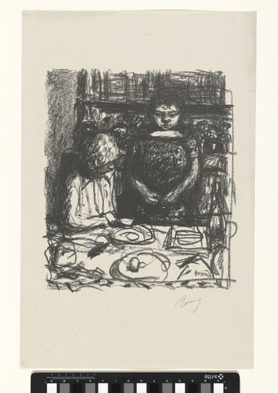Zittende man aan tafel met maaltijd en staande vrouw door Pierre Bonnard