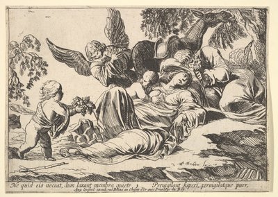 Engelen geven fruit aan de slapende Heilige Familie door Pierre Brebiette