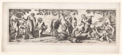 Rustende Silenus en zijn gevolg in een landschap door Pierre Brebiette