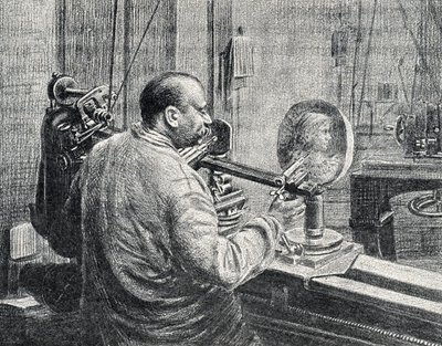Een medailleur die een soort pantograaf freesmachine gebruikt. Gravure uit 