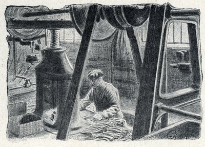 Bestek stempelen met een molen Gravure uit "Excursion a travers les metiers" door Pierre Calmette Privécollectie door Pierre Calmettes