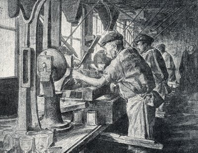Snijwerkplaats bij de kristalfabriek in Sevres nabij Parijs Gravure uit 