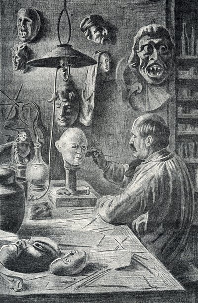 Fabricage van theater- en vermommingsmaskers Gravure uit "Excursion a travers les metiers" door Pierre Calmette Privécollectie door Pierre Calmettes