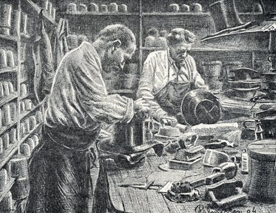 Zijden hoge hoeden fabriek. Gravure van Pierre Calmette door Pierre Calmettes