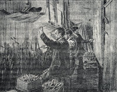 Tapijt van Aubusson: de stoffeerders werken ondersteboven Gravure uit "Excursion a travers les metiers" door Pierre Calmette Privécollectie door Pierre Calmettes