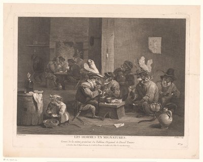 Rokende en drinkende apen in een herberg door Pierre Chenu