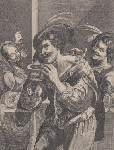 Man die soep eet terwijl twee mensen hem bekijken door Pierre Daret
