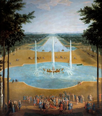 Uitzicht op het bassin van Apollo en het Grote Kanaal van Versailles in 1713, op de voorgrond: Koning Lodewijk XIV (1638-1715) tijdens de wandeling rond 1713 (detail van een schilderij door Pierre Denis Martin (1663-1742)) door Pierre Denis Martin