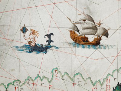 Een detail van een sirene die zichzelf bewondert in een spiegel en een schip ten oosten van haar in de Zuidelijke Oceaan, uit een wereldkaart, 