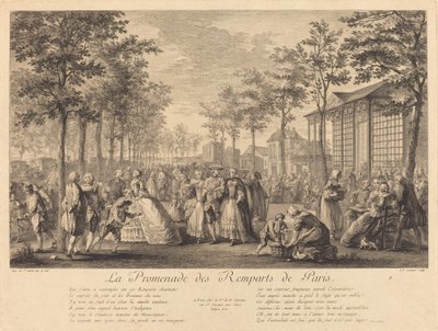 De wandeling op de wallen van Parijs door Pierre Francois Courtois after Augustin de Saint Aubin