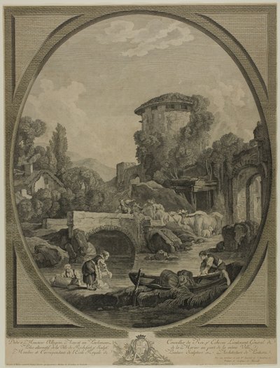 Landschap met een brug en een duiventil door Pierre Francois Laurent