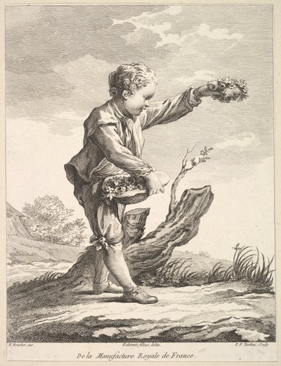 Kleine jongen met een krans en mand met bloemen, uit Deuxième Livre de Figures d