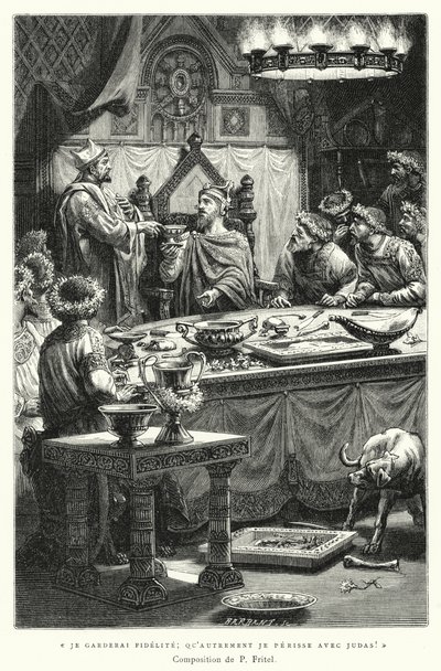 Ik zal trouw blijven, anders verga ik met Judas! (gravure) door Pierre Fritel