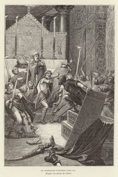 De begrafenis van Hastings. Vikingen vallen een Franse kerk aan tijdens de begrafenis van hun leider, Hasting, nadat hij zijn dood veinsde door Pierre Fritel