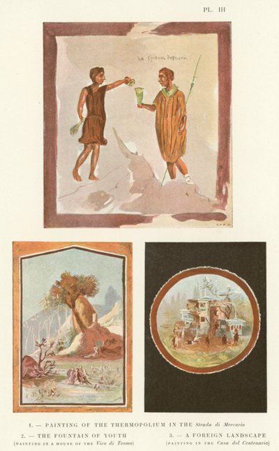 Schilderij van het Thermopolium in de Strada di Mercurio, De Fontein van de Jeugd, Een Buitenlands Landschap door Pierre Gusman