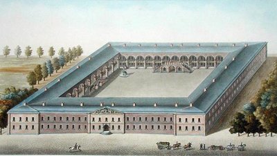 Infanteriekazerne in Ieper, uit Choix des Monuments, Edifices et Maisons les plus remarquables du Royaume des Pays-Bas door Pierre Jacques Goetghebuer, gegraveerd door W. Lobry (b.1774), gepubliceerd 1827 door Pierre Jacques (after) Goetghebuer