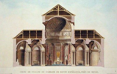 Doorsnede van de Abdijkerk van Bonne Esperance, nabij Binche, België, uit 
