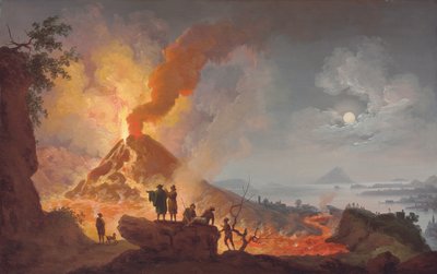 De Uitbarsting van de Vesuvius bij Nacht, gezien vanaf de Atrio del Cavallo met toeschouwers op de voorgrond, een panoramisch uitzicht op de stad en de Baai van Napels daarachter door Pierre Jacques Volaire