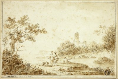 Landschap met figuren bij stroom door Pierre Joseph Wallaert