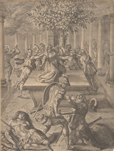 De Plundering van Troje - Pyrrhus Doodt Priamus, voor 1654 door Pierre Lombart