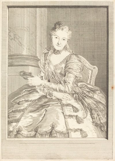 Mevrouw de M ... in Baljurk door Pierre Louis de Surugue after Charles Antoine Coypel