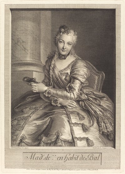 Mevrouw de M ... in Baljurk door Pierre Louis de Surugue after Charles Antoine Coypel