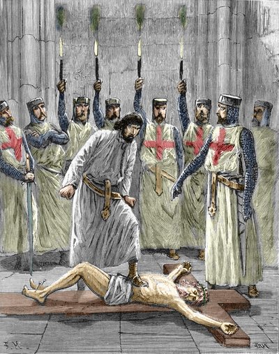 Ketterij van de Tempeliers: voorstelling van een ceremonie van toetreding van een ridder tot de orde van de tempel, waarbij de Tempelier, volgens de bekentenissen gepubliceerd na hun arrestatie en proces in 1307, gedwongen werd Christus te verloochenen en  door Pierre Mejanel