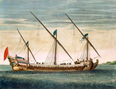 Een driemaster Galei onder zeil, uit Le Naptune Francois, ca. 1693-1700 door Pierre Mortier