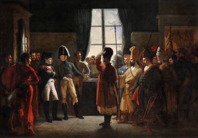 Tsaar Alexander I presenteert de Kalmukken, Kozakken en Basjkieren van het Russische leger aan Napoleon I, Tilsit door Pierre Nolasque Bergeret