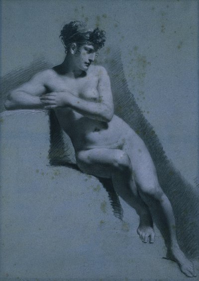 Studie van een naakte vrouw, zittend naar rechts kijkend (recto) door Pierre Paul Prud