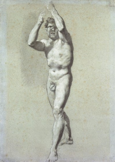 Studie van een man, met twee armen opgeheven boven het hoofd, lichtjes naar links gedraaid door Pierre Paul Prudhon