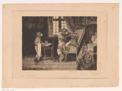 Satirische voorstelling van apen als tandarts, assistent en patiënt door Pierre Peeters (signed by artist)
