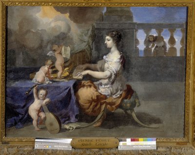 Sint Cecilia speelt klavecimbel om haar man tot het katholicisme te bekeren. Sint Cecilia is de patroonheilige van muzikanten door Pierre Puget
