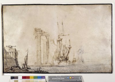 Schip tegen een verwoeste zuilengang door Pierre Puget