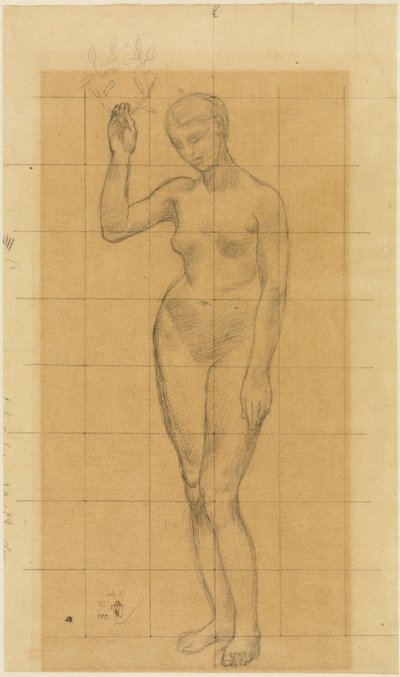 Stehender Frauenakt, schräg nach links, einen Kranz in der erhobenen Rechten door Pierre Puvis de Chavannes