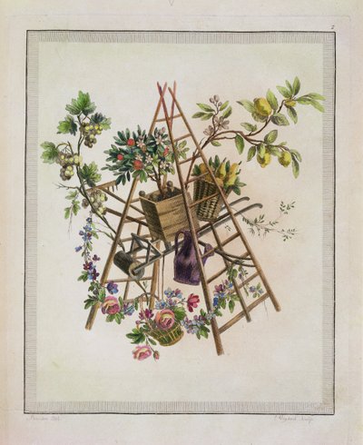 Een tuin textielontwerp, uit Oeuvre contenant un Receuil de Trophees, Attributs, Cartouches, Vases, Fleurs, Ornemens, et Plusieurs Dessins agréables pour broder des Fauteuils, gegraveerd door Etienne C door Pierre Ranson