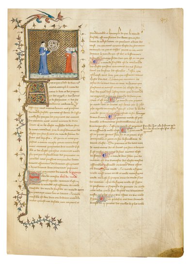Pagina uit "De Proprietatibus Rerum" door Bartholomeus Anglicus, in de Franse vertaling van Jean Corbechon, ca. 1390 door Pierre Remiet