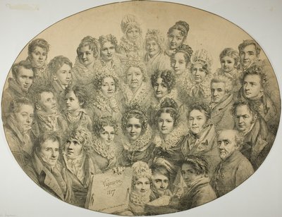 Portretten van 31 mensen in een ovaal door Pierre Roch Vigneron