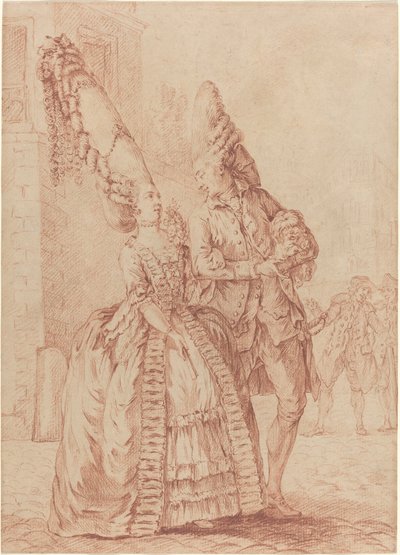 Een dame en heer met overdreven hoofdtooien door Pierre Thomas Le Clerc