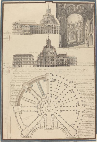 Plattegrond en Drie Zichten van een Cirkelvormige Kerk door Pierre Varin