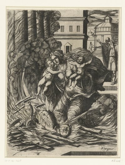 De vrouw van Asdrubal stort zich in de brandende tempel door Pierre Woeiriot (II)