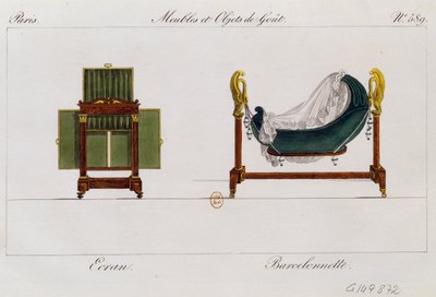 Scherm en schommelwieg, plaat 589, illustratie uit Collection de meubles et objects de goût (Collectie van meubels en smaakvolle objecten) door Pierre de La Mesangere