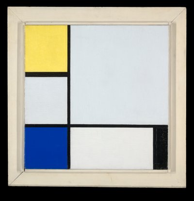 Compositie met geel, blauw, zwart en lichtblauw door Piet Mondrian