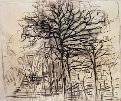 Studie van bomen, door Piet Mondriaan, houtskool en wit lood tekening door Piet Mondrian