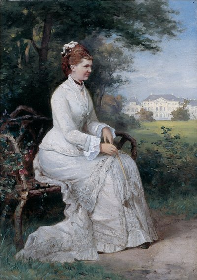 Portret van Prinses Emma van Waldeck-Pyrmont zittend op een Bank in het Park van Paleis Het Loo door Piet Schipperus